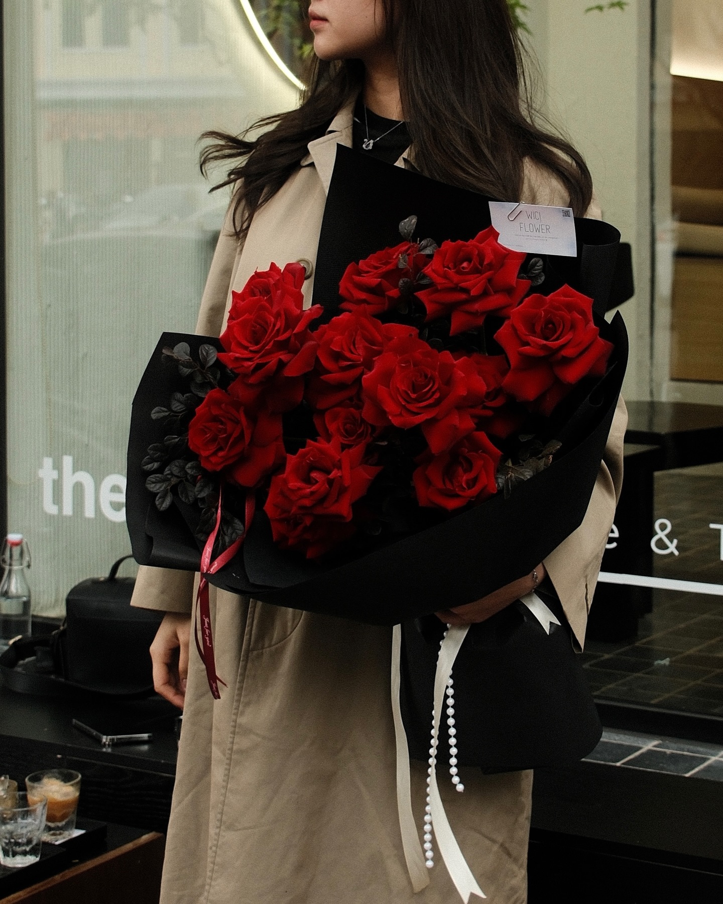 Pinterest-style editorial card + flowers setup voi lily
